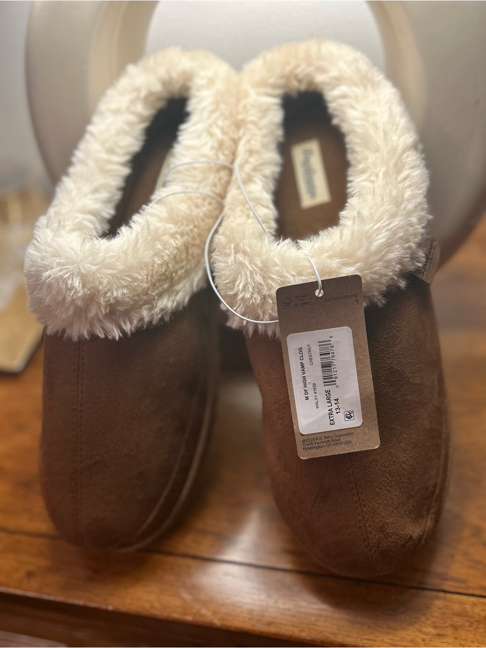 dearfoams Brown Suede-Look Slip-On Slippers with Cream Faux Fur Trim